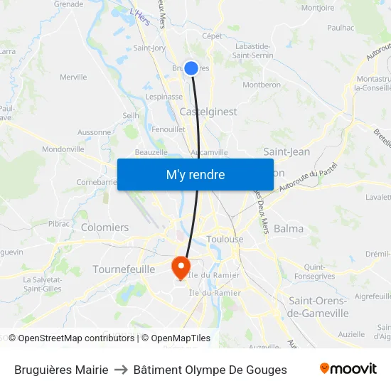 Bruguières Mairie to Bâtiment Olympe De Gouges map