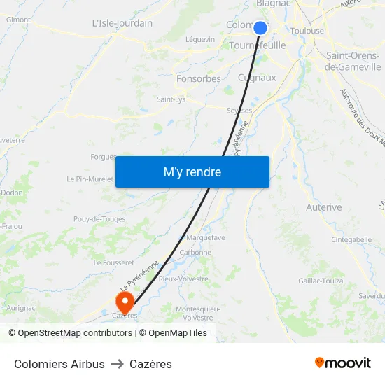 Colomiers Airbus to Cazères map