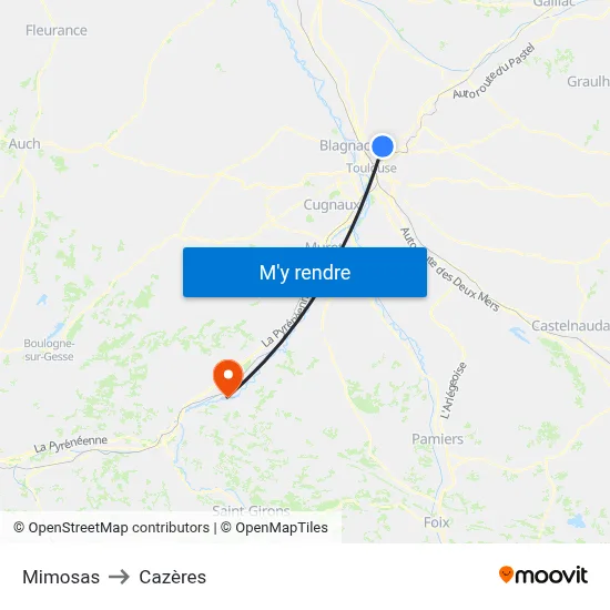 Mimosas to Cazères map