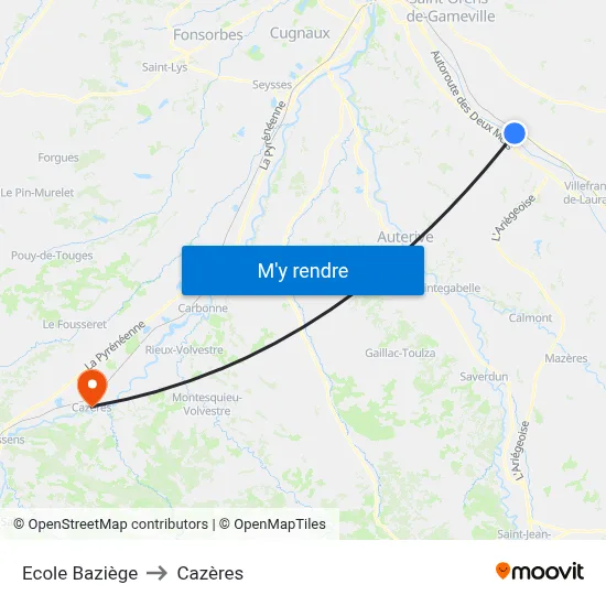 Ecole Baziège to Cazères map
