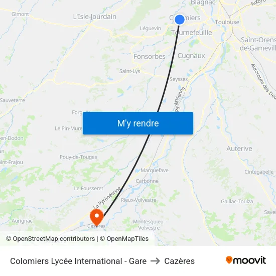 Colomiers Lycée International - Gare to Cazères map