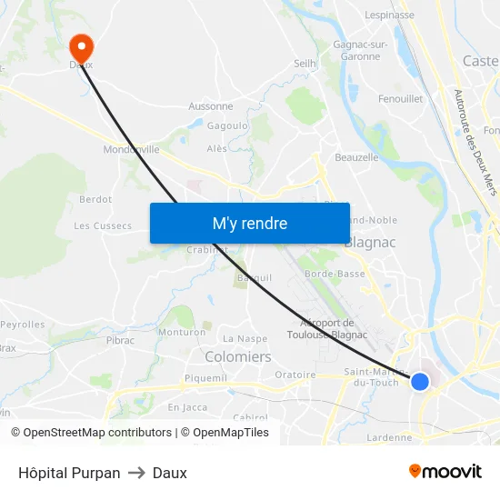 Hôpital Purpan to Daux map