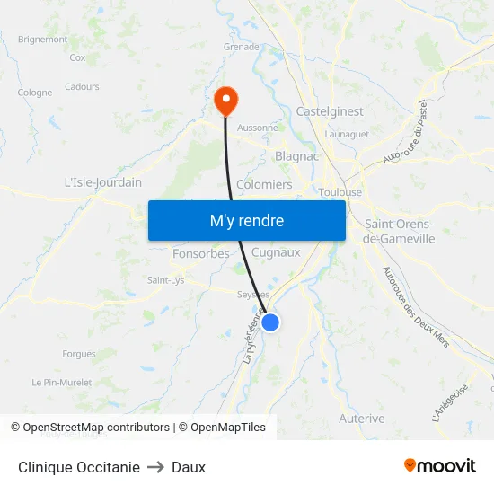Clinique Occitanie to Daux map