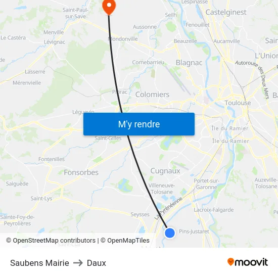 Saubens Mairie to Daux map