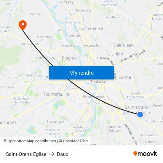 Saint-Orens Eglise to Daux map