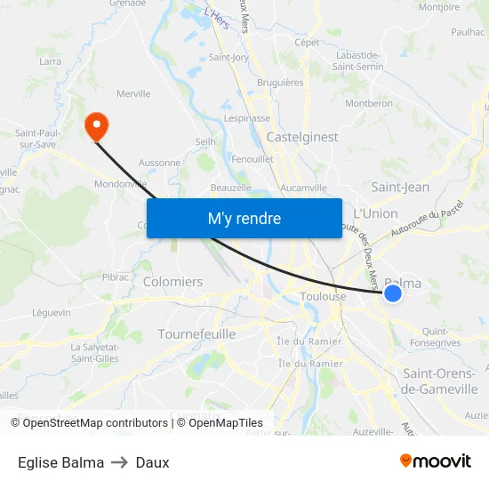 Eglise Balma to Daux map