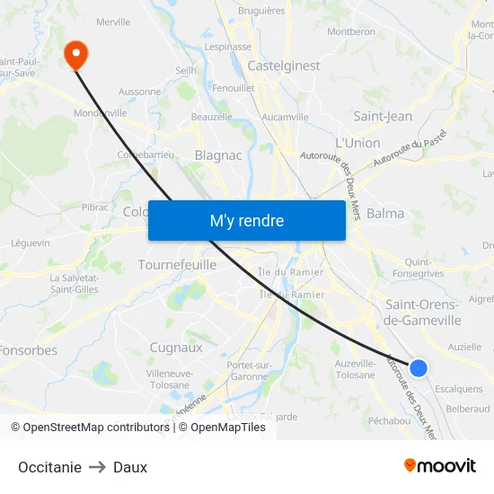 Occitanie to Daux map