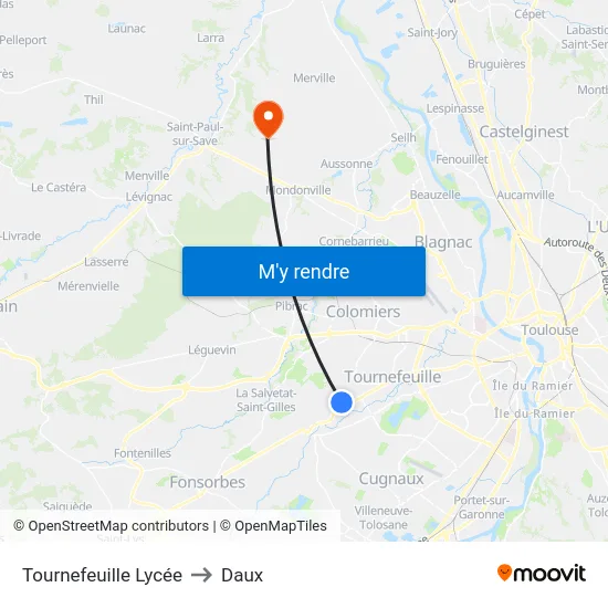 Tournefeuille Lycée to Daux map