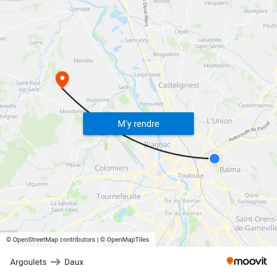 Argoulets to Daux map