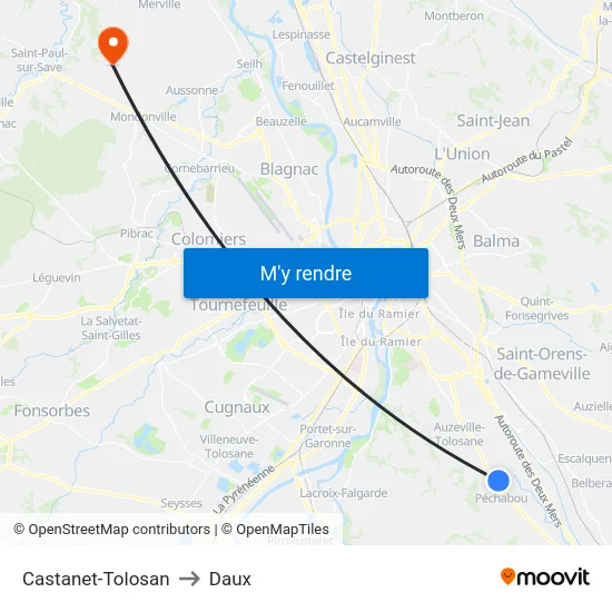 Castanet-Tolosan to Daux map