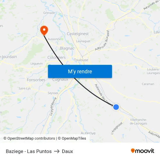Baziege - Las Puntos to Daux map