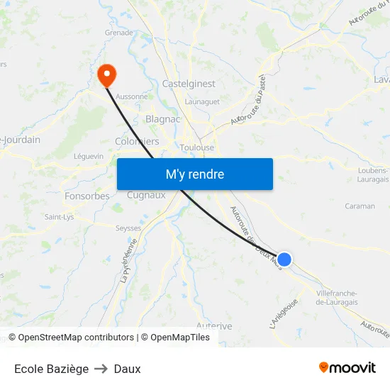 Ecole Baziège to Daux map