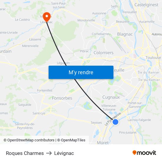 Roques Charmes to Lévignac map