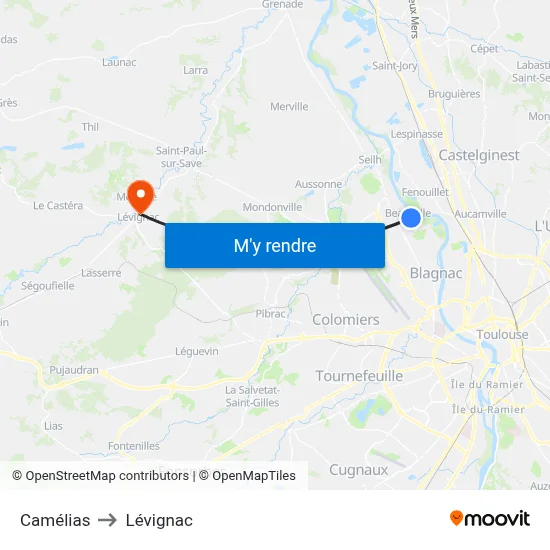 Camélias to Lévignac map