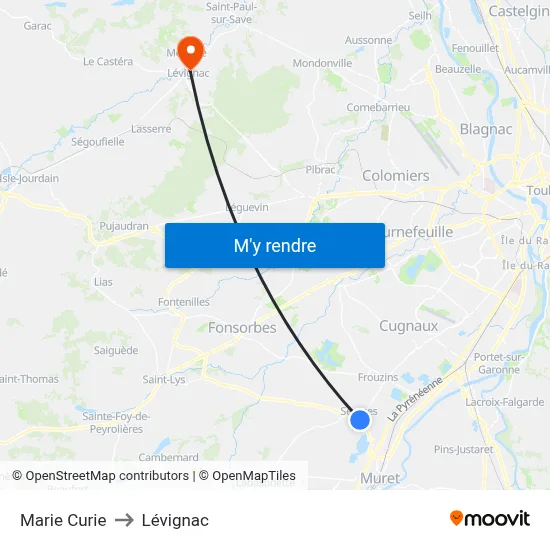 Marie Curie to Lévignac map