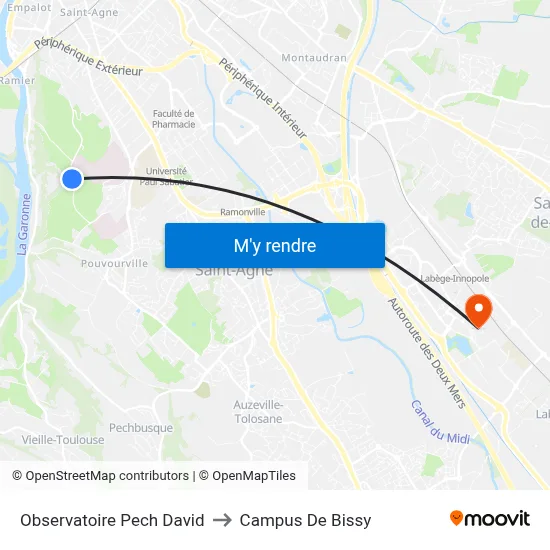 Observatoire Pech David to Campus De Bissy map