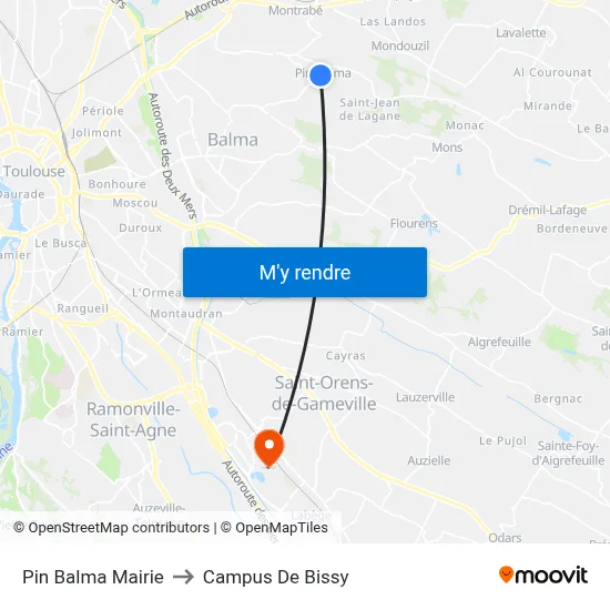 Pin Balma Mairie to Campus De Bissy map