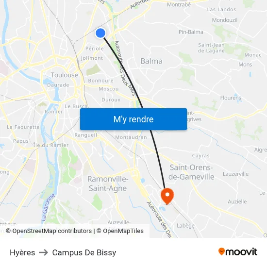 Hyères to Campus De Bissy map