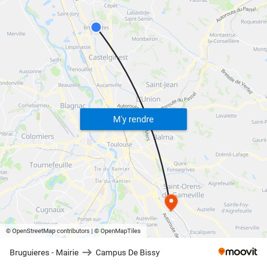 Bruguieres - Mairie to Campus De Bissy map