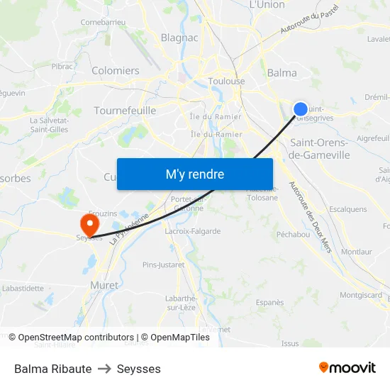 Balma Ribaute to Seysses map