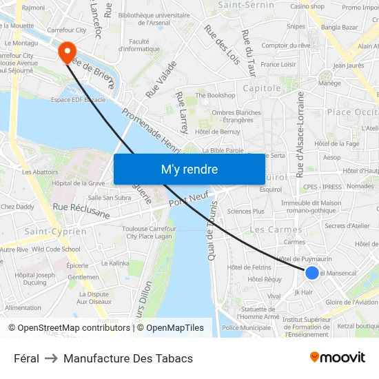 Féral to Manufacture Des Tabacs map