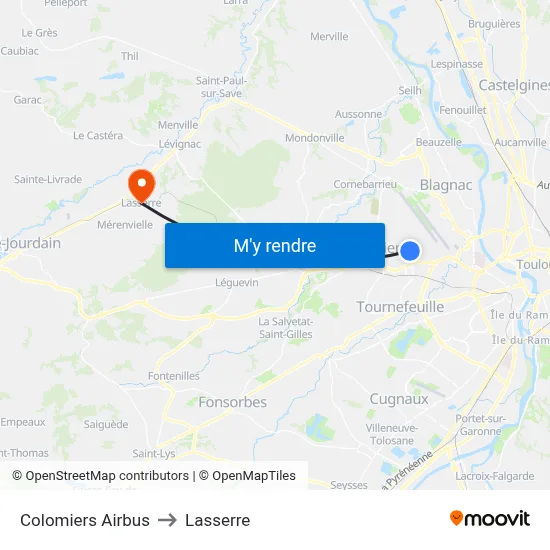 Colomiers Airbus to Lasserre map