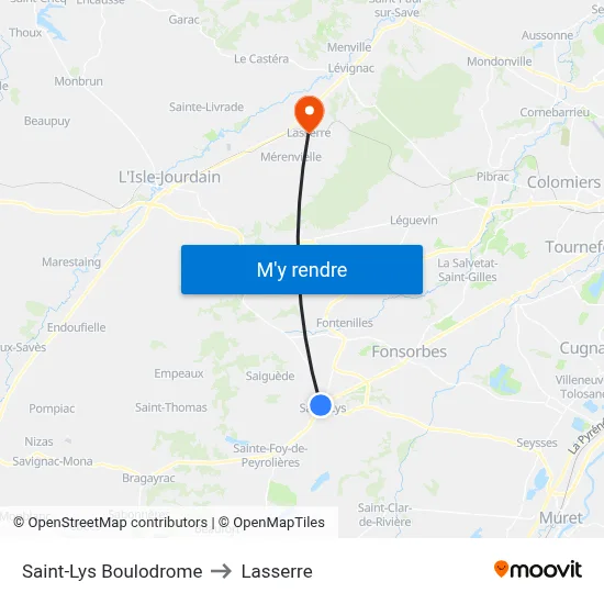 Saint-Lys Boulodrome to Lasserre map