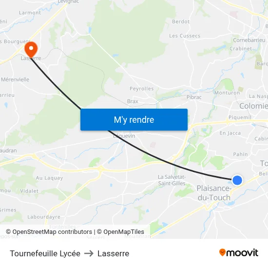 Tournefeuille Lycée to Lasserre map