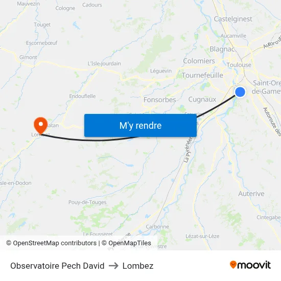 Observatoire Pech David to Lombez map