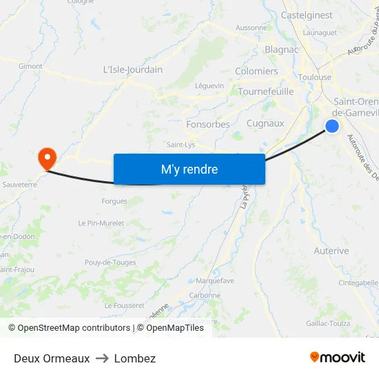 Deux Ormeaux to Lombez map