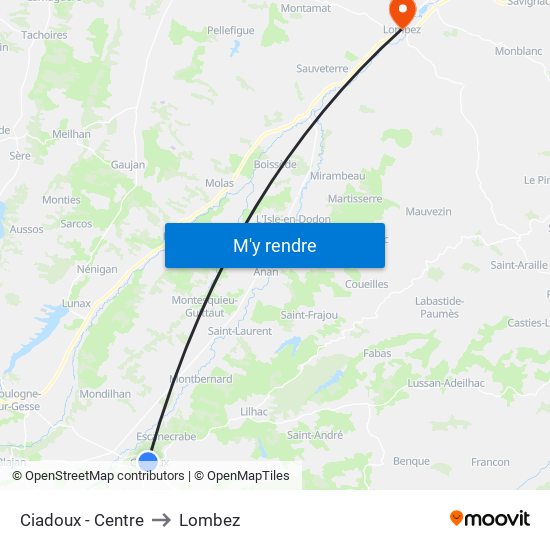 Ciadoux - Centre to Lombez map