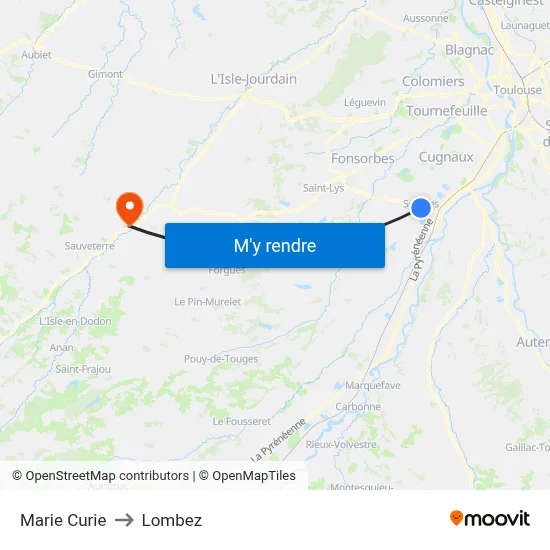 Marie Curie to Lombez map