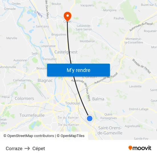 Corraze to Cépet map