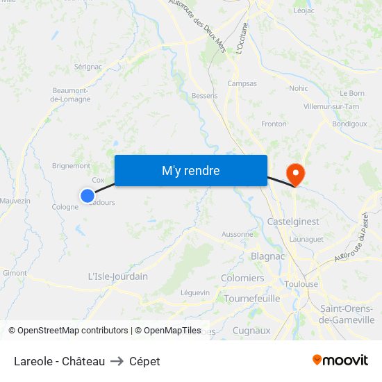 Lareole - Château to Cépet map