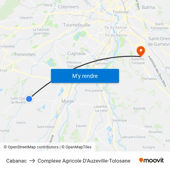 Cabanac to Complexe Agricole D'Auzeville-Tolosane map