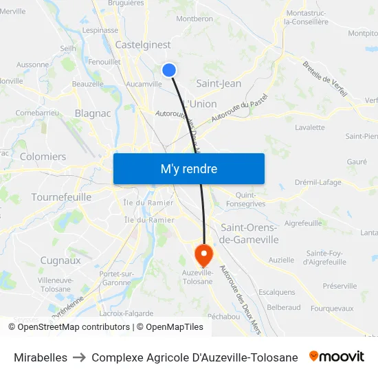 Mirabelles to Complexe Agricole D'Auzeville-Tolosane map