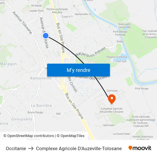 Occitanie to Complexe Agricole D'Auzeville-Tolosane map