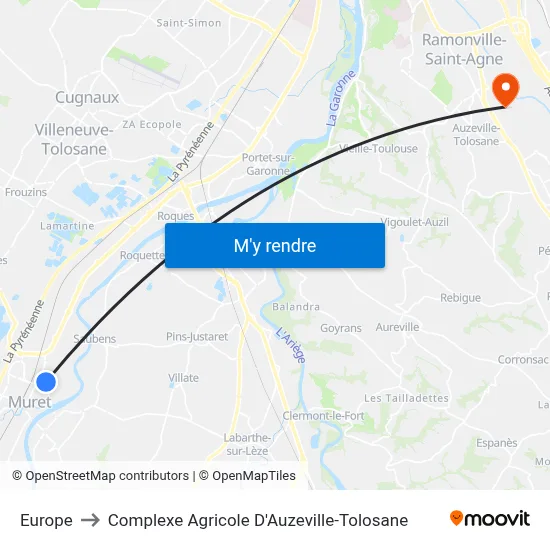 Europe to Complexe Agricole D'Auzeville-Tolosane map