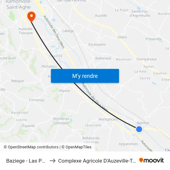 Baziege - Las Puntos to Complexe Agricole D'Auzeville-Tolosane map