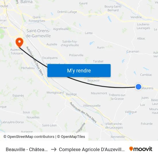Beauville - Château D'Eau to Complexe Agricole D'Auzeville-Tolosane map