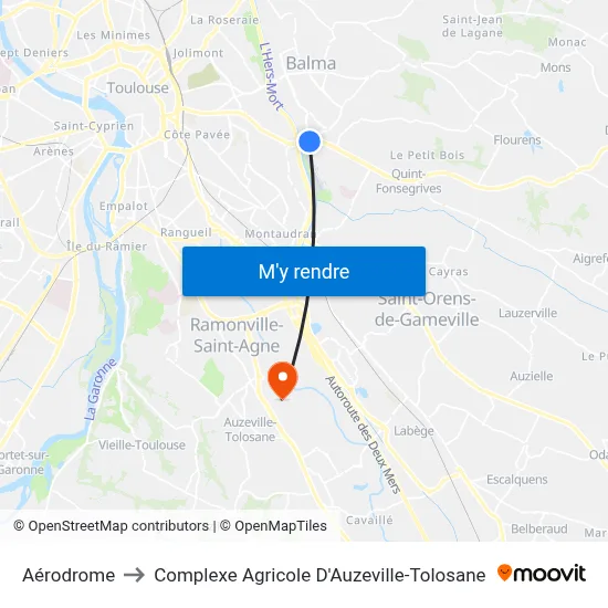 Aérodrome to Complexe Agricole D'Auzeville-Tolosane map