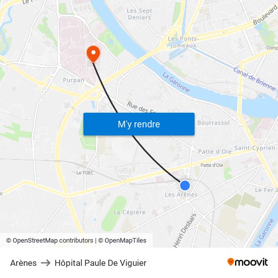 Arènes to Hôpital Paule De Viguier map