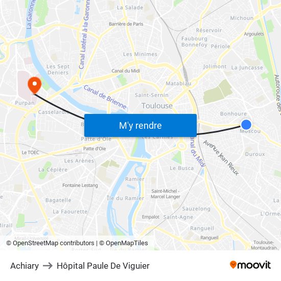 Achiary to Hôpital Paule De Viguier map