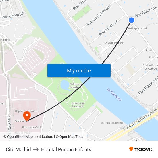 Cité Madrid to Hôpital Purpan Enfants map