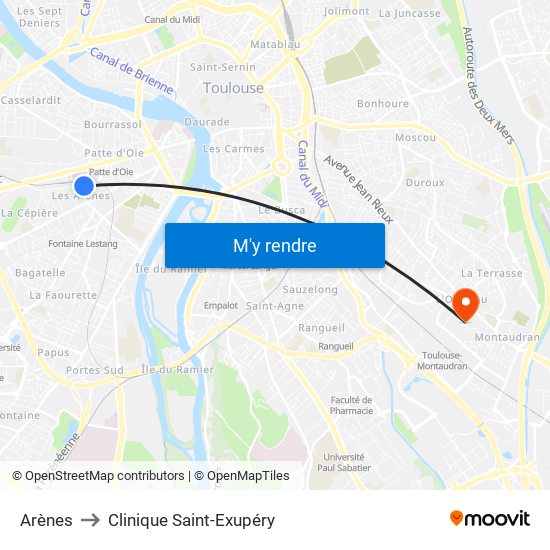 Arènes to Clinique Saint-Exupéry map