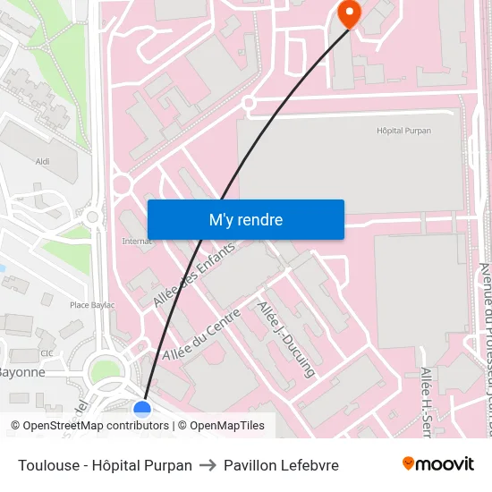 Toulouse - Hôpital Purpan to Pavillon Lefebvre map