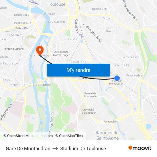 Gare De Montaudran to Stadium De Toulouse map