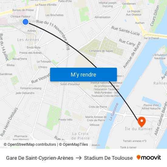 Gare De Saint-Cyprien-Arènes to Stadium De Toulouse map