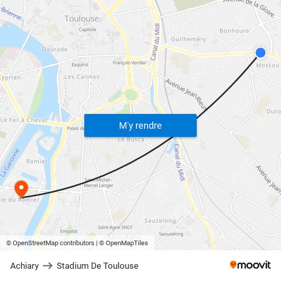 Achiary to Stadium De Toulouse map