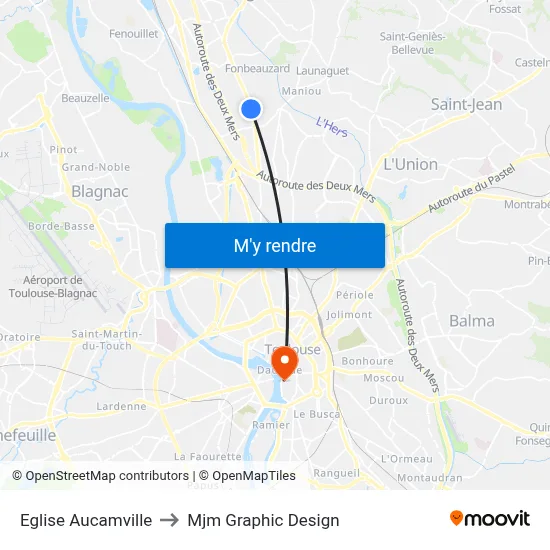 Eglise Aucamville to Mjm Graphic Design map